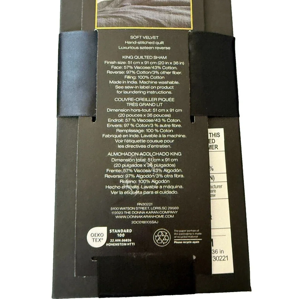 Donna Karan King Quilted Pillow Sham Black Velvet Hand Stitched 20x36